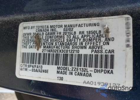 2003 Toyota Matrix Standard z USA, uszkodzony, nr VIN 2T1KR32EX3C012210